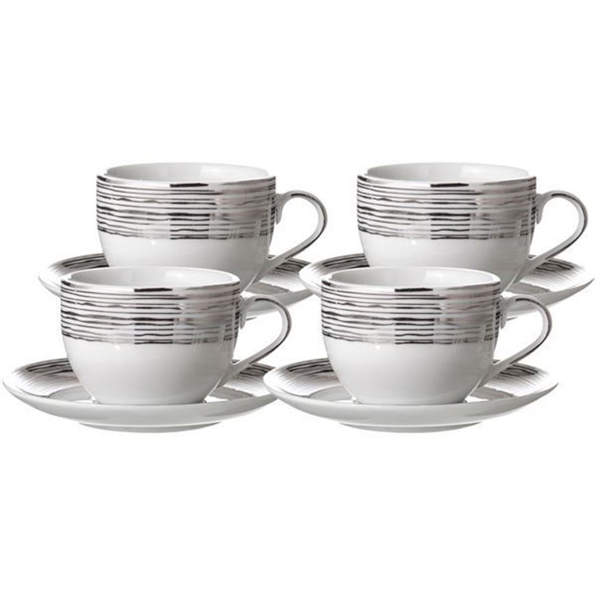 LINES tea cup and saucer set of 4 white/silver